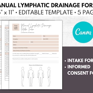 Editable MLD Manual Lymphatic Drainage Intake Form, Informed Consent Form, Massage Consent Form, Massage Therapy Client - Customize in Canva
