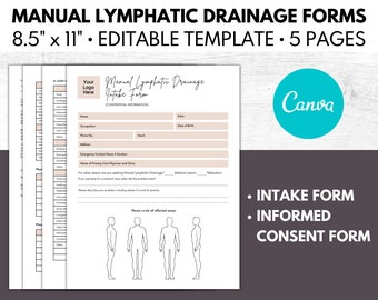 Bewerkbaar MLD-intakeformulier voor handmatige lymfedrainage, formulier geïnformeerde toestemming, toestemmingsformulier massage, massagetherapieclient - aanpassen in Canva
