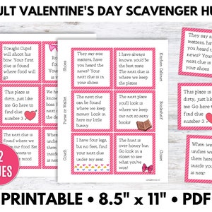 Búsqueda del tesoro del día de San Valentín, Tarjetas de búsqueda del tesoro para adultos, Juego del día de San Valentín para adultos, Búsqueda del tesoro con acertijos - PDF imprimible
