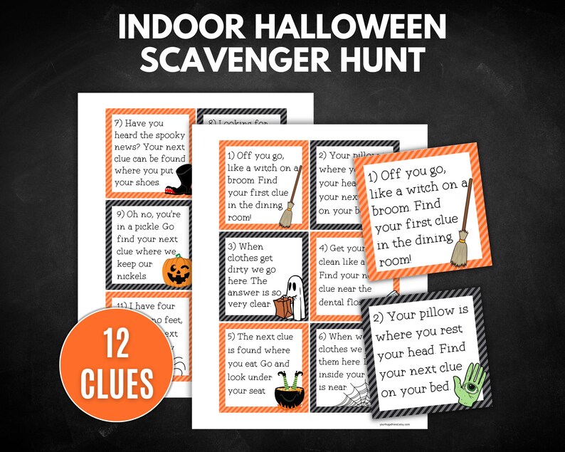 K&ouml;nnte beinhalten: Ein druckbares Halloween-Schnitzeljagd-Spiel mit 12 Hinweisen. Die Hinweise sind auf orange-schwarzen gestreiften Karten mit Halloween-Motiven gedruckt. Die Karten sind in einem Raster angeordnet. Der Text auf den Karten enth&auml;lt S&auml;tze wie "Auf geht's, wie eine Hexe auf einem Besen" und "Dein Kissen ist der Ort, an dem du deinen Kopf ausruhst."