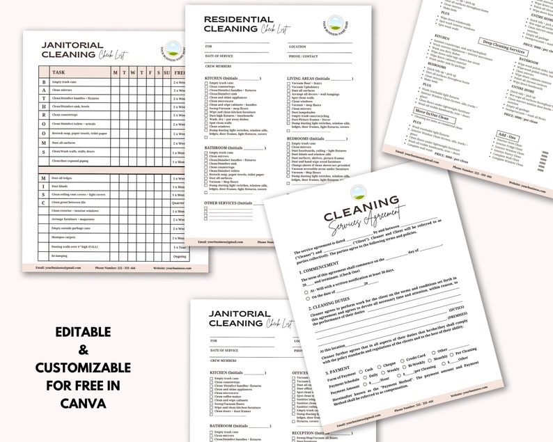 May include: A printable cleaning checklist template for residential cleaning services. The checklist includes tasks for the kitchen, bathroom, living areas, and other services. The template is editable and customizable in Canva.