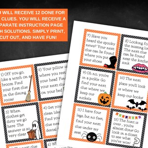 K&ouml;nnte beinhalten: Zw&ouml;lf orangefarbene und schwarze Karten mit Halloween-Motiven als Hinweise f&uuml;r eine Schnitzeljagd. Jede Karte hat eine Nummer, eine gruselige Illustration und ein R&auml;tsel. Der Text auf den Karten lautet: "Sie erhalten 12 fertige Hinweise. Sie erhalten eine separate Anleitungsseite mit L&ouml;sungen. Einfach ausdrucken, ausschneiden und viel Spa&szlig; haben!"