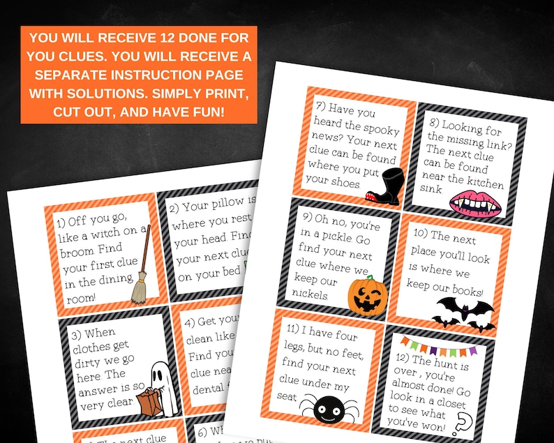 K&ouml;nnte beinhalten: Zw&ouml;lf orangefarbene und schwarze Karten mit Halloween-Motiven als Hinweise f&uuml;r eine Schnitzeljagd. Jede Karte hat eine Nummer, eine gruselige Illustration und ein R&auml;tsel. Der Text auf den Karten lautet: "Sie erhalten 12 fertige Hinweise. Sie erhalten eine separate Anleitungsseite mit L&ouml;sungen. Einfach ausdrucken, ausschneiden und viel Spa&szlig; haben!"