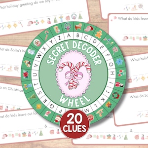 May include: A Christmas-themed Secret Decoder Wheel with 20 clues. The wheel is green with a candy cane design in the center. The text "SECRET DECODER WHEEL" is displayed. Several clue cards are visible, with questions and spaces for answers.