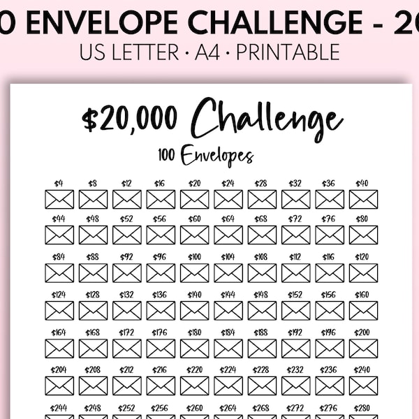 20k 100 Envelope Challenge Printable, 20,000 Savings Tracker, 20k Challenge, 100 Day Money Challenge