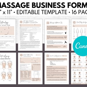 May include: A set of 16 printable massage business forms in a light brown and white color scheme. The forms include a client intake form, a pre-natal massage consent form, massage offerer tips, a client body analysis form, an anti-aging facial massage instruction sheet, a client intake form, a COVID-19 liability waiver, and massage offerer tips. The forms are designed to be used by massage therapists and are available in an 8.5 x 11 inch format.