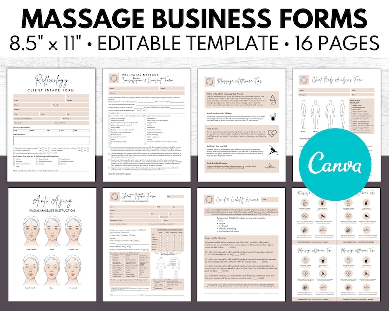 K&ouml;nnte beinhalten: Ein Satz von 16 druckbaren Massage-Gesch&auml;ftsformularen in einem hellbraunen und wei&szlig;en Farbschema. Die Formulare umfassen ein Kundenaufnahmeformular, ein Einverst&auml;ndniserkl&auml;rungsformular f&uuml;r Schwangerschaftsmassagen, Massage-Angebotstipps, ein Kundenk&ouml;rperanalyseformular, eine Anleitung f&uuml;r Anti-Aging-Gesichtsmassagen, ein Kundenaufnahmeformular, einen COVID-19-Haftungsausschluss und Massage-Angebotstipps. Die Formulare sind f&uuml;r die Verwendung durch Massagetherapeuten konzipiert und in einem Format von 8,5 x 11 Zoll erh&auml;ltlich.