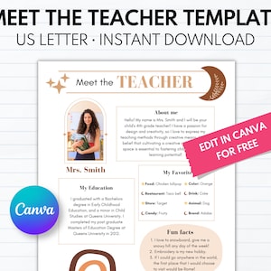 Bearbeitbare „Meet the Teacher“-Vorlage, Boho-Klassenzimmer, Canva-Vorlage, „Alles über mich“ zum Ausdrucken, Schul-Newsletter, „Back to School“.