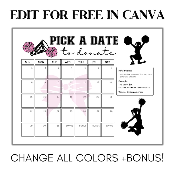 Editable Cheer Pick a Date to Donate, Cheerleading Fundraiser, Fundraiser Form, Sponsor My Season Fundraiser - Editable in Canva