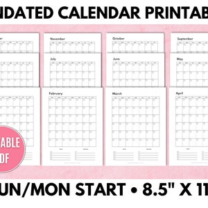 May include: A printable undated calendar with a black and white design. The calendar is formatted to start with Sunday and Monday. Each month is on a separate page and is 8.5 inches by 11 inches.