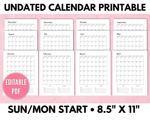 Undated Calendar Printable, Perpetual Calendar, Minimalist Calendar, Bill Payment Calendar - Editable PDF