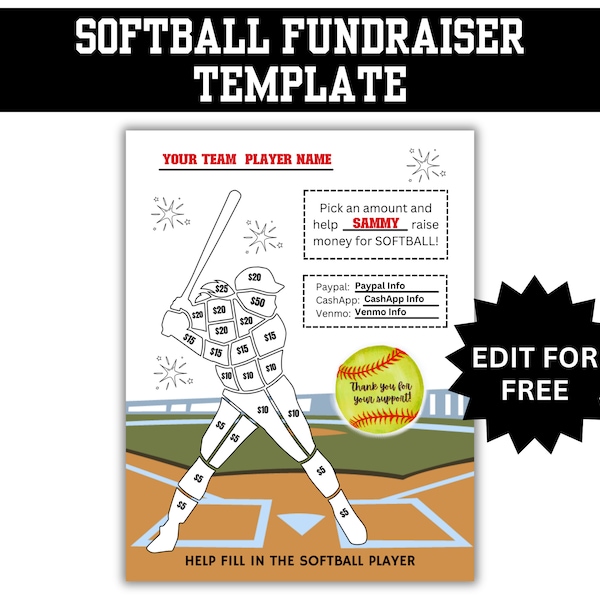 Editable Softball Player Fill In Fundraiser, Softball Fundraiser Sheet, Fundraiser Template - Editable in Canva