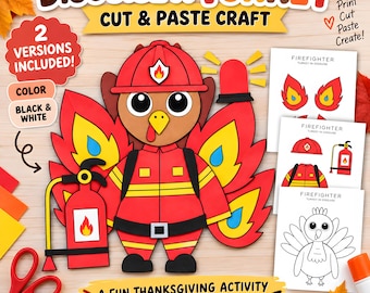 Turkey Disguise Firefighter Costume Printable, Disguise a Turkey Cut and Paste Thanksgiving Craft for Kids