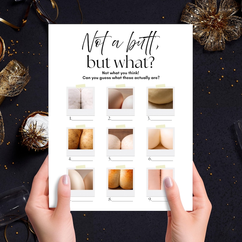 May include: A white printed game sheet with the text "Not a butt, but what?" and "Not what you think!" with nine image squares. The game challenges players to guess what the images are.