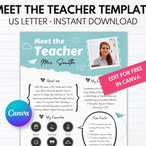 Plantilla editable para conocer al maestro, carta del maestro, plantilla de Canva, todo sobre mí imprimible, boletín escolar, regreso a la escuela