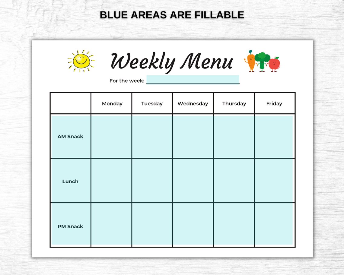 Editable Weekly Daycare Menu Preschool Menu Weekly Menu for - Etsy
