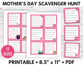 Mother's Day Scavenger Hunt, Scavenger Hunt Cards, Scavenger Hunt with Riddles - Printable PDF