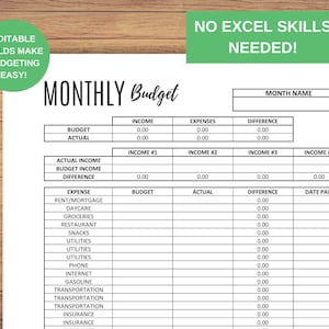 May include: A printable monthly budget worksheet with editable fields for tracking income, expenses, and differences. The worksheet includes sections for actual income, budget income, and income from various sources. It also includes a section for expenses with categories such as rent, childcare, groceries, and utilities. The worksheet has a section for tracking the date paid for each expense.