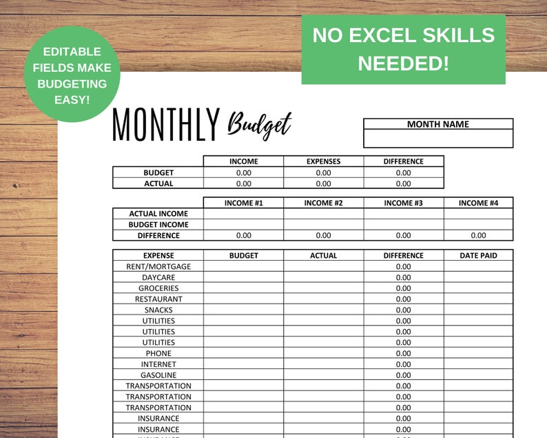 May include: A printable monthly budget worksheet with editable fields for tracking income, expenses, and differences. The worksheet includes sections for actual income, budget income, and income from various sources. It also includes a section for expenses with categories such as rent, childcare, groceries, and utilities. The worksheet has a section for tracking the date paid for each expense.