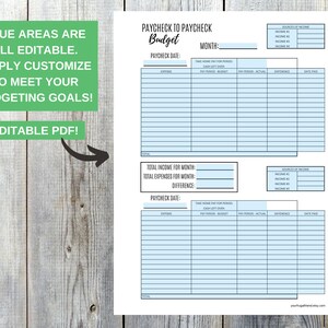 May include: A printable budget planner with blue highlighted areas for editing. The planner includes sections for income, expenses, and a summary of total income and expenses. The text "PAYCHECK TO PAYCHECK Budget" is at the top of the page.