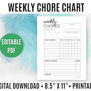 Fillable Chore Chart for Kids, Kids Chore Chart, Weekly Chore Chart, Digital Chore Chart, Chore Printable PDF - Editable PDF C001