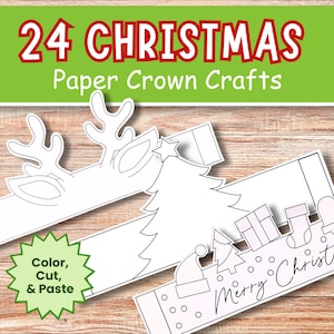 24 Christmas Printable Paper Crown Hat Template, DIY Kids Craft Project For Coloring, Christmas Party Favor