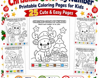 25 Christmas Color by Number Worksheets for Kids, Christmas Coloring Activity, Classroom Coloring. Color by Number Activity