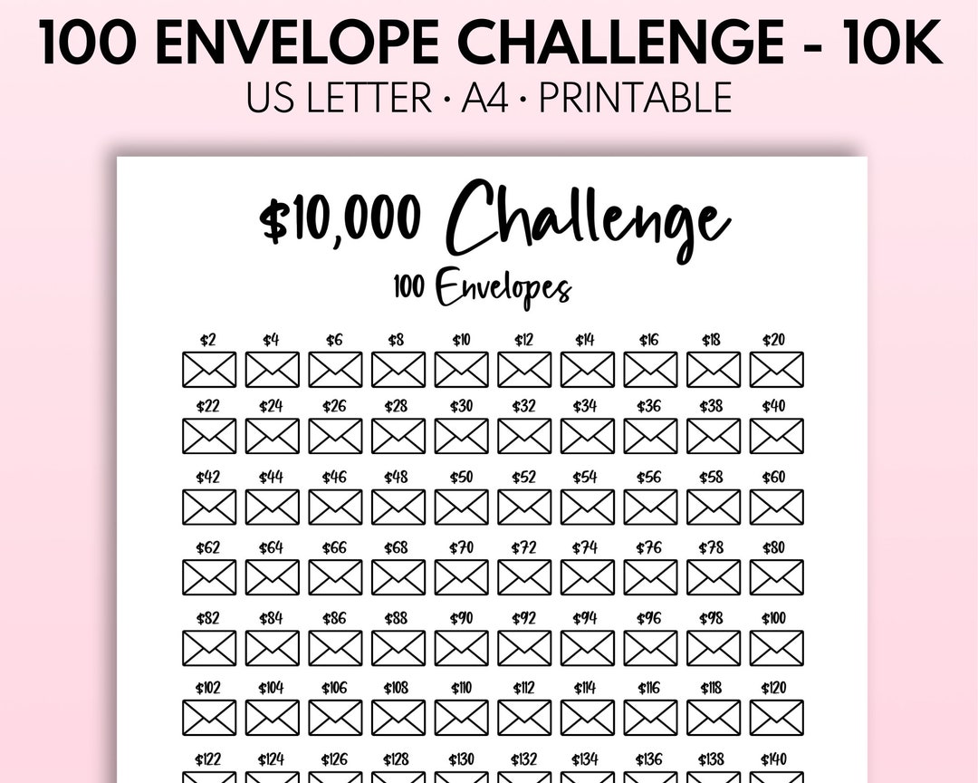 10k 100 Envelope Challenge Printable 10 000 Savings Tracker 10k Challenge 100 Day Money
