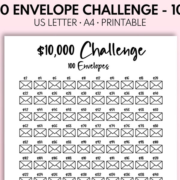 10k 100 Envelope Challenge Printable, 10,000 Savings Tracker, 10k Challenge, 100 Day Money Challenge