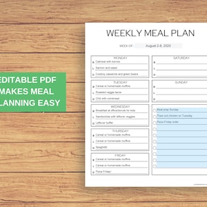 May include: A printable weekly meal planner with a black and white design. The planner includes a section for each day of the week, with space to write in meals and a checklist for meal prep tasks. The planner is titled "Weekly Meal Plan" and the week is August 2-8, 2020.
