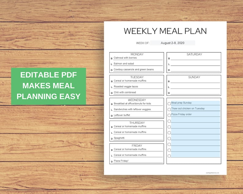 May include: A printable weekly meal planner with a black and white design. The planner includes a section for each day of the week, with space to write in meals and a checklist for meal prep tasks. The planner is titled "Weekly Meal Plan" and the week is August 2-8, 2020.