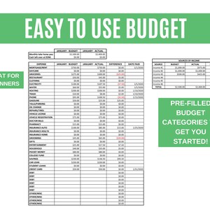 Puede incluir: Una hoja de c&aacute;lculo de presupuesto imprimible verde y blanca con el t&iacute;tulo "Easy to Use Budget". La hoja de c&aacute;lculo incluye categor&iacute;as para ingresos y gastos, con columnas para presupuesto, real, diferencia y fecha de pago. La hoja de c&aacute;lculo tambi&eacute;n incluye una secci&oacute;n para categor&iacute;as de presupuesto precargadas para ayudarte a comenzar.