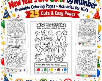 25 New Year's Eve Color by Number Worksheets for Kids, New Year's Eve Coloring Activity, Classroom Coloring. Color by Number Activity