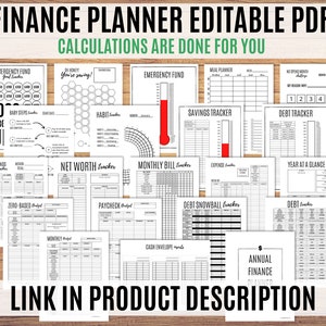 May include: A black and white printable finance planner with the text "FINANCE PLANNER EDITABLE PDF CALCULATIONS ARE DONE FOR YOU" at the top. The planner includes pages for budgeting, saving, debt tracking, and more.
