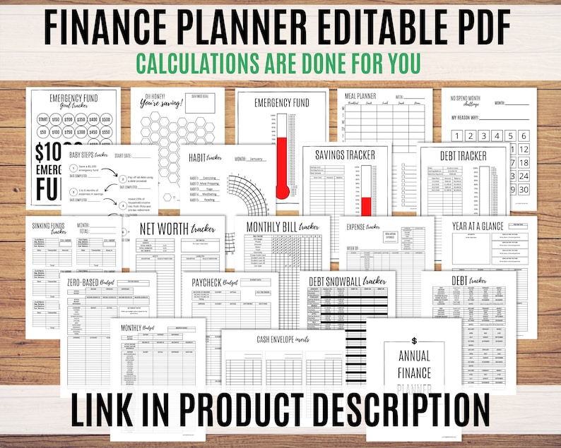 May include: A black and white printable finance planner with the text "FINANCE PLANNER EDITABLE PDF CALCULATIONS ARE DONE FOR YOU" at the top. The planner includes pages for budgeting, saving, debt tracking, and more.