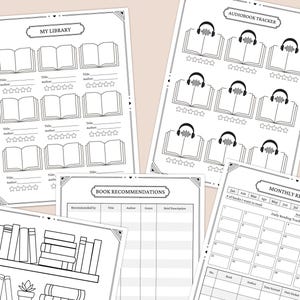 May include: Black and white printable planner pages for tracking audiobooks, books read, and book recommendations. The pages feature a bookshelf, a calendar, and a book tracker.