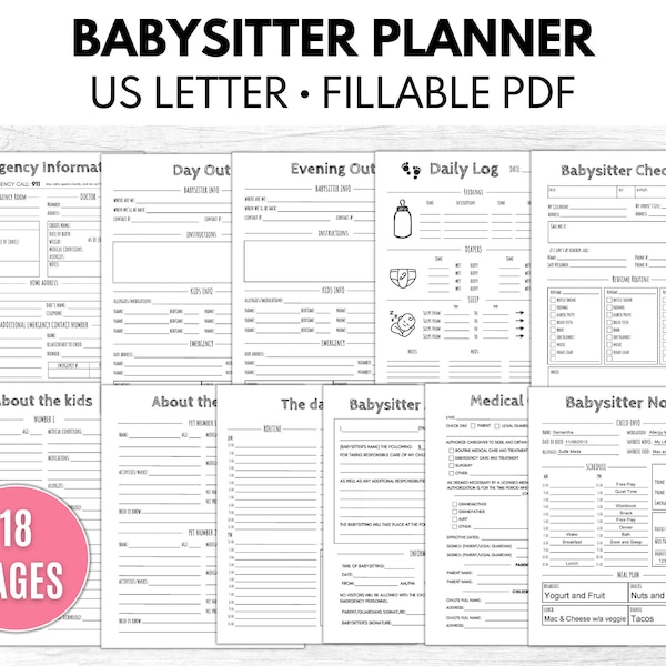 Babysitter Planner, Babysitter Information, Babysitter Binder, Nanny Notes, Daily Report for Infants, Childcare Planner, Fillable PDF
