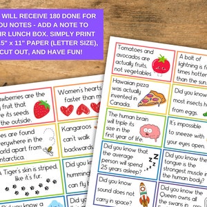 Puede incluir: Un conjunto de 180 tarjetas coloridas con datos divertidos impresos en ellas. Las tarjetas est&aacute;n dise&ntilde;adas para ser recortadas y utilizadas como notas para las loncheras. Las tarjetas presentan ilustraciones de fresas, abejas, canguros, corazones, tomates, aguacates, rayos, pizzas, cerebros, insectos y m&aacute;s.