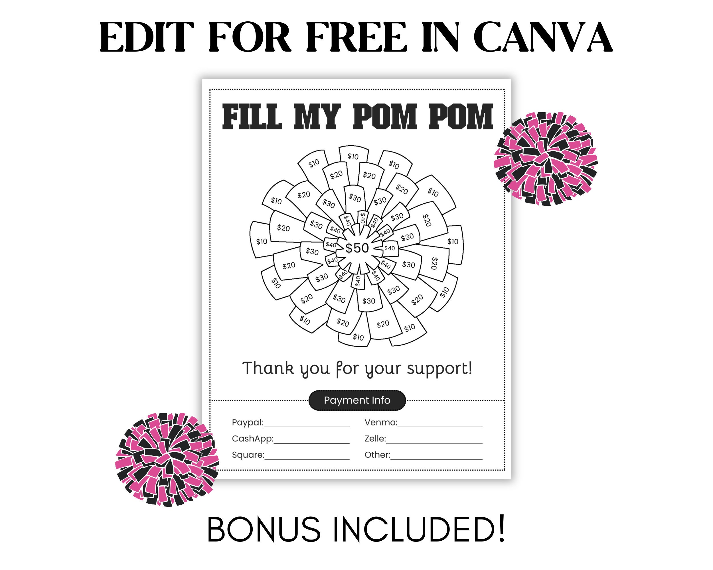 Fill My Pom Pom, Cheerleading Fundraiser, Fundraiser Form, Cheer Team - Editable in Canva
