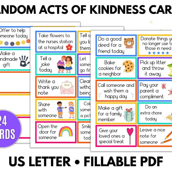 Printable Kindness Cards, Random Acts of Kindness, Pay it Forward, Lunchbox Notes, Encouragement Cards