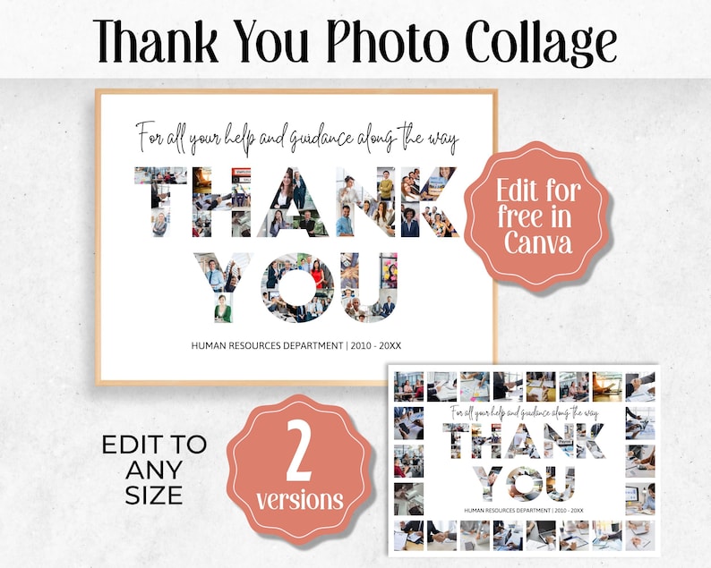 K&ouml;nnte beinhalten: Zwei Versionen eines druckbaren Dankesch&ouml;n-Fotocollages mit den Worten "Danke" aus Fotos. Der Text "F&uuml;r all deine Hilfe und Anleitung auf dem Weg" befindet sich &uuml;ber dem Fotocollage. Der Text "Personalabteilung | 2010-20XX" befindet sich unter dem Fotocollage. Der Text "Kostenlos in Canva bearbeiten" befindet sich in einem roten Kreis.