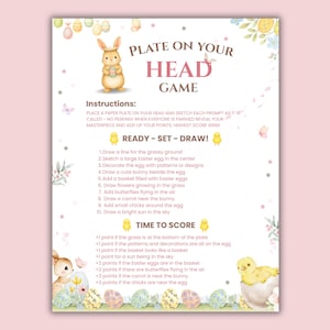 May include: A pastel pink Easter-themed game sheet with a bunny illustration and the text "Plate on Your Head Game." Instructions and scoring details are included. The sheet features Easter eggs, chicks, and flowers.
