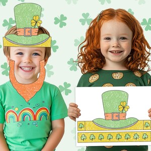May include: Two children wearing green shirts and holding paper cutouts of a leprechaun hat. The hat is green with a yellow band and a shamrock on top. The cutout is on a white background with a green shamrock pattern.