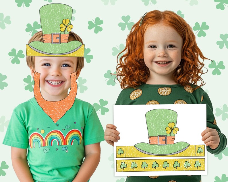 May include: Two children wearing green shirts and holding paper cutouts of a leprechaun hat. The hat is green with a yellow band and a shamrock on top. The cutout is on a white background with a green shamrock pattern.