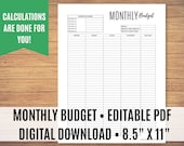 Printable Monthly Budget, Budget Template Printable, Zero Dollar Budget, Monthly Budget, Editable PDF - Calculations done for you!