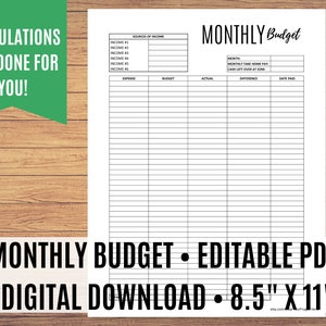 Printable Monthly Budget, Budget Template Printable, Zero Dollar Budget, Monthly Budget, Editable PDF - Calculations done for you!