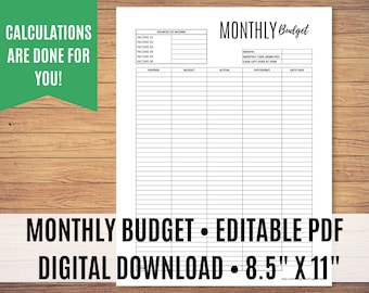 Printable Monthly Budget, Budget Template Printable, Zero Dollar Budget, Monthly Budget, Editable PDF - Calculations done for you!