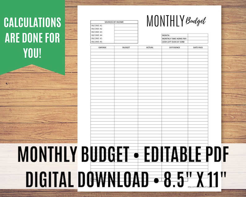 Printable Monthly Budget, Budget Template Printable, Zero Dollar Budget, Monthly Budget, Editable PDF Calculations done for you zdjęcie 1