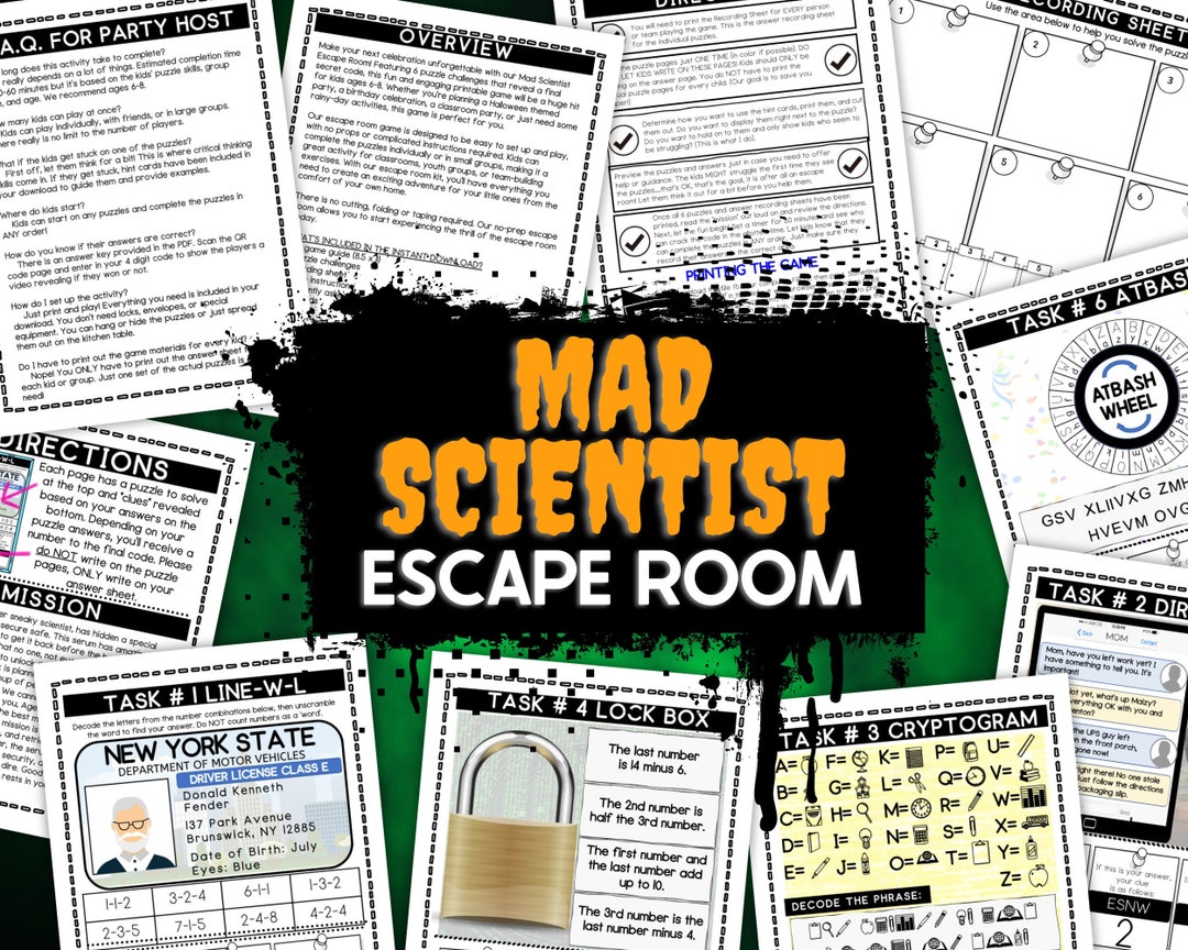Mad Scientist Escape Room Game, Halloween Escape Room Game, Escape Room