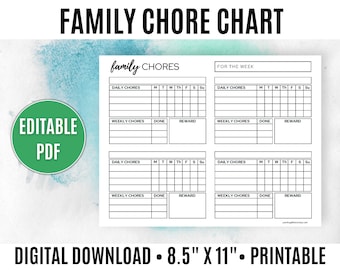 May include: Printable chore chart for families. The chart is divided into four sections, each with a space for daily chores, weekly chores, done, and reward. The chart is 8.5 inches by 11 inches.